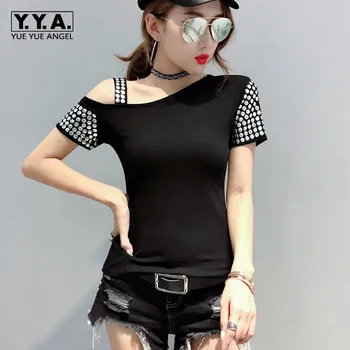 

Summer New Arrival Short Sleeve Skew Collar Womens Tees Top Fashion Sequined Slim Fit Plus Size S-3XL Female Pullover T-Shirt