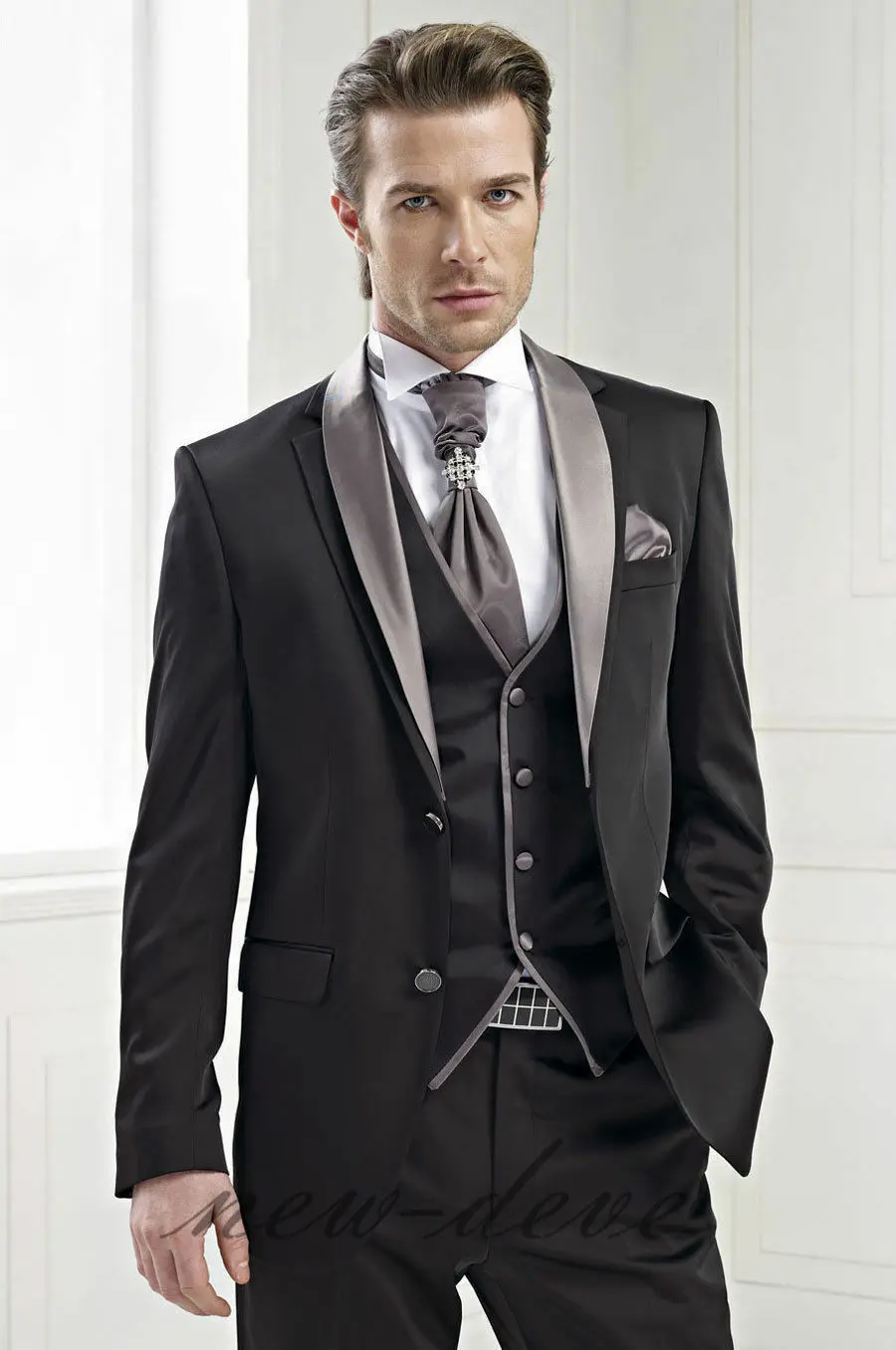 

Black Lapel 3Pcs Tuxedos Wedding Men's Suits 40r 42r 44r 46 Slim Fit Custom