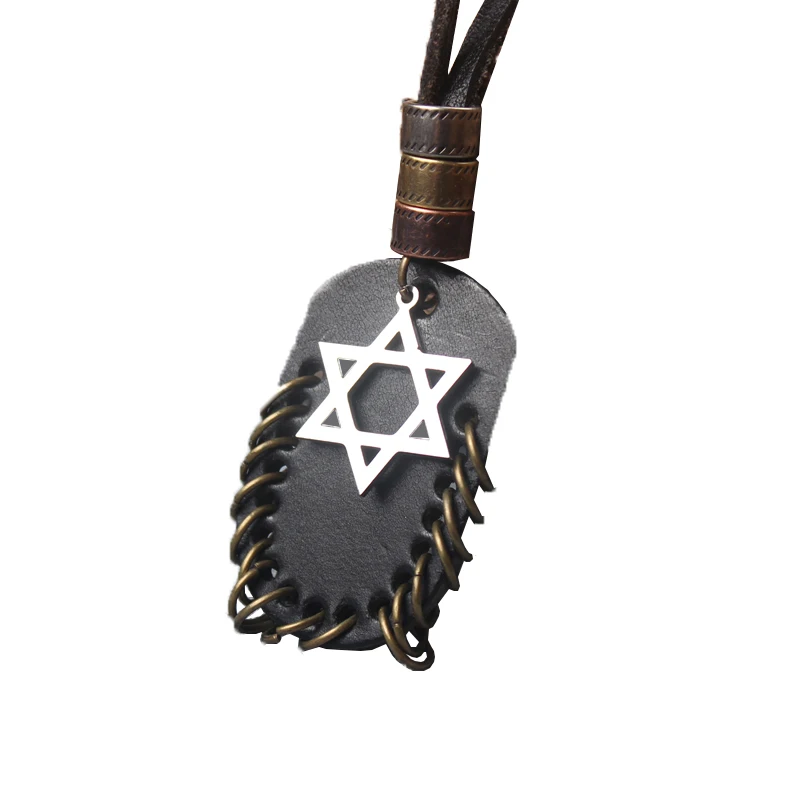 Jewish Necklace Mens Stainless Steel David Star Pendant Black Real Leather Strap Necklace