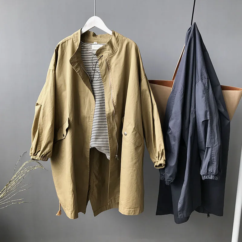 Весенне-осенний Тренч, Женская хлопковая верхняя одежда на молнии с воротником-стойкой, Длинная ветровка в Корейском стиле Harajuku BF, однотонное пальто