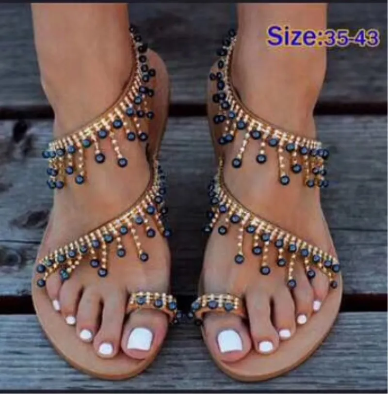 

Ethnic String Bead Flat With Rome Gladiator Women Sandals Flat Front Rear Strap Boho Shoes Slip-On Crystal Casual Sandals