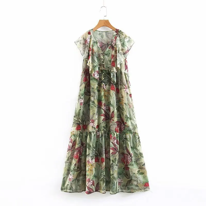 

XL65-2096 European and American fashionable V-collar printed button-down dress