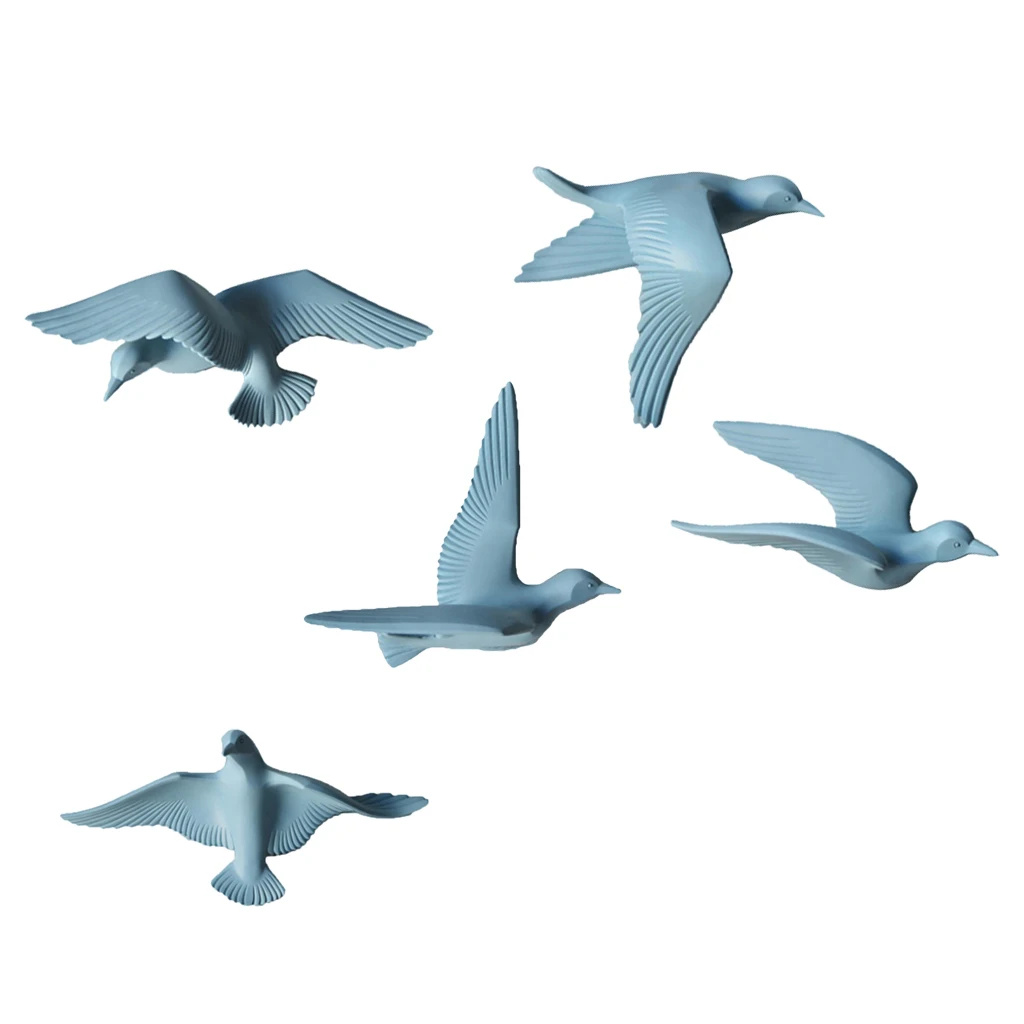 5pcs Nautical Resin 3D Birds Wall Art Murals Flying Seagull Sculpture Bedroom Wall Stickers DIY Home Hotel Decor Blue