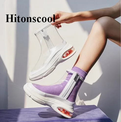 

PVC Transparent Ankle Rubber Boots Women Platform Casual Sneakers Clear Side Zipper Waterproof Rain Boots Woman Winter New Shoes