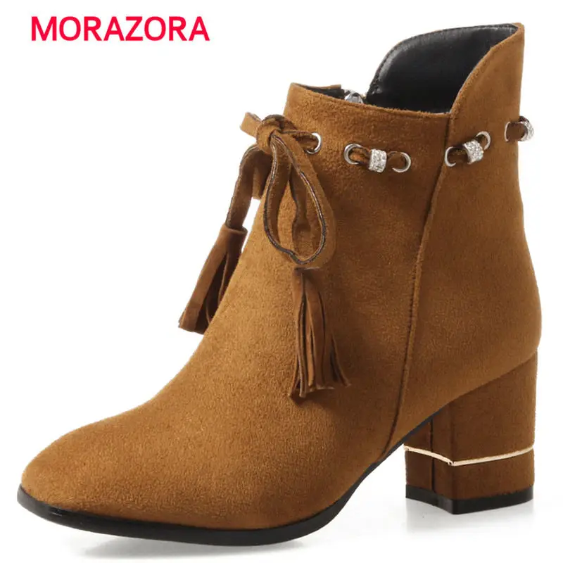 

MORAZORA 2018 new simple square heel fringe boots square toe high heel ankle boots for women autumn winter zip boots size 33-43