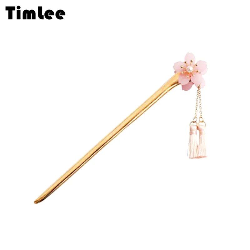 

Timlee H103 New Sweet Pink Cherry Blossom Flower Stamen Tassels Imitation Pearl Hair Sticks Fashion Hair Accessory wholesale