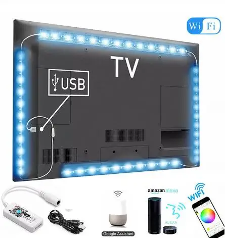 

DC 5V USB WIFI TV Light Computer Screen Back Bias Tape Light 5050 RGB LED TV Back Lighting Alexa Google Home Sound Smart Control