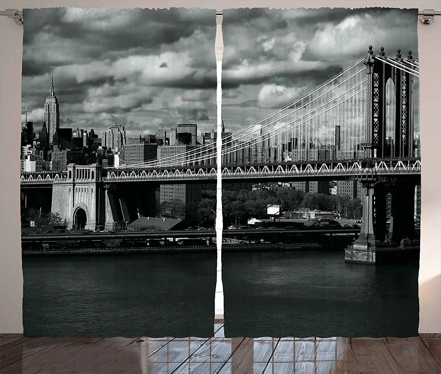 

New York Curtains Decor Black and White Panorama of New York City Skyline with Focus on Manhattan Bridge Photo Living Room