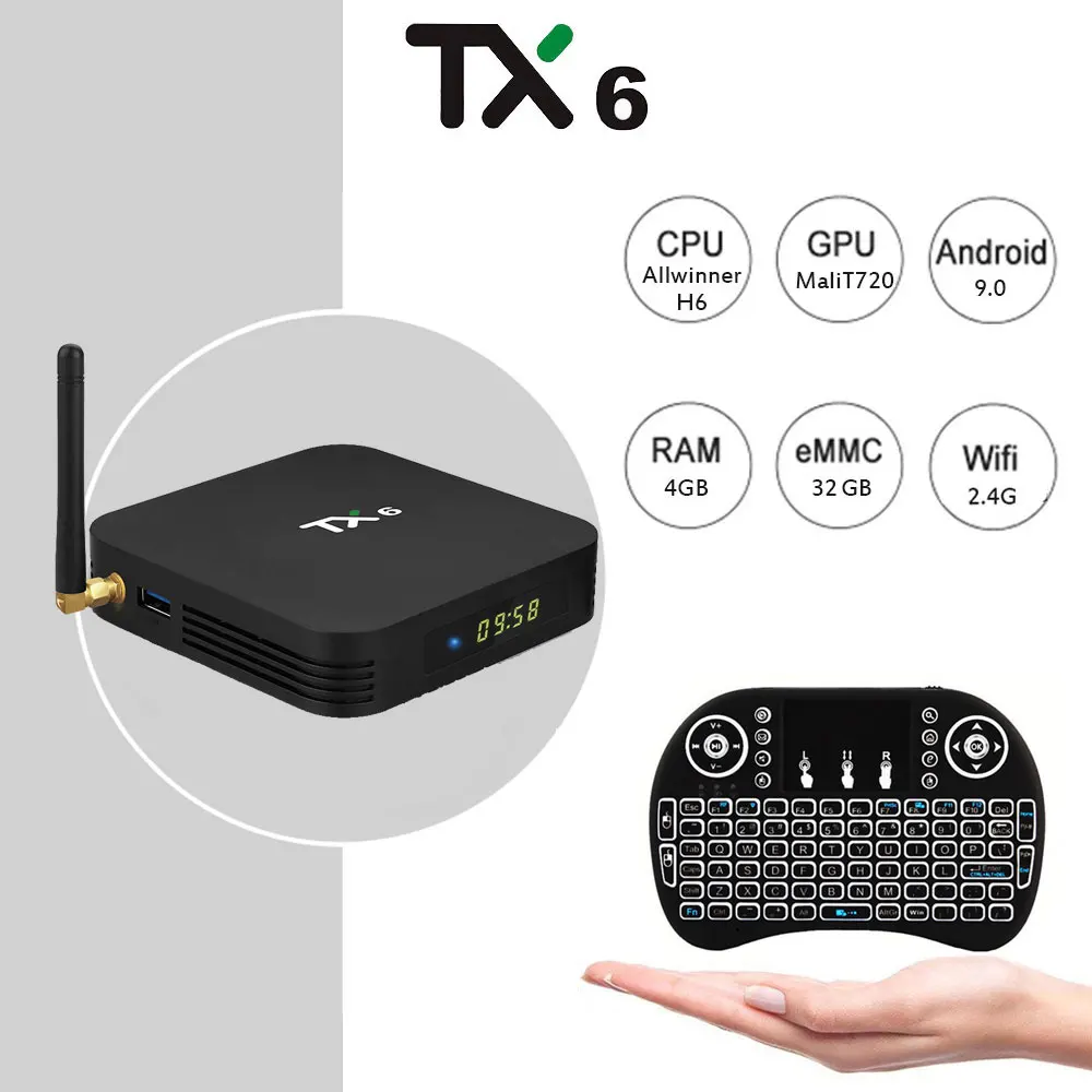 

TX6 Smart TV BOX Android 9.0 Allwinner H6 Quad core USB3.0 4G+32G 2.4G WIFI 4K HD H.265 Set Top Box