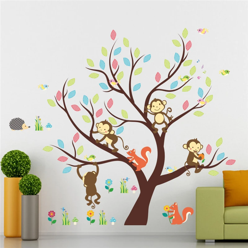 

Lovely Monkey Squirrel Birds Large Tree Wall Sticker For Playroom Kindergarten Home Decoration Animal Mural Art Kids Wall Decals