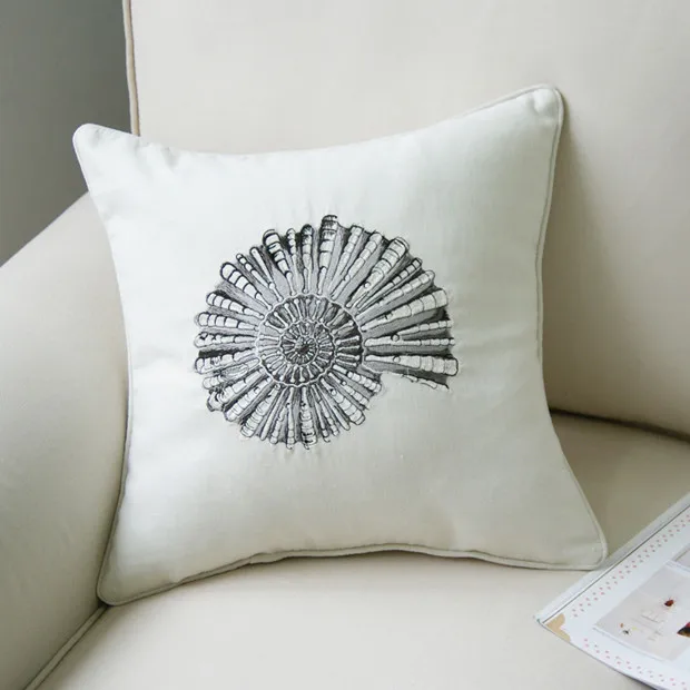 Embroidery Nautiloids Linen Pillow Ikea Seashell Black And White