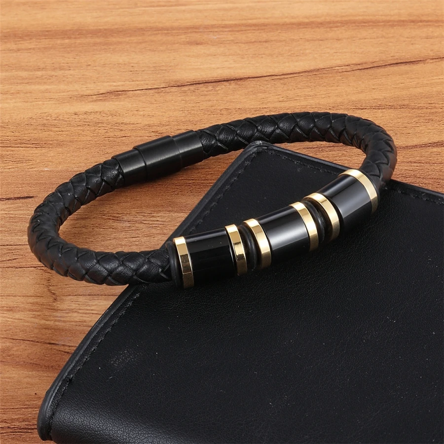 XQNI Casual/Sporty Style Genuine Leather Bracelet Black Alloy Buckle Stainless Steel Bangle For Men Cool Boys Birthday Gift - Image 4