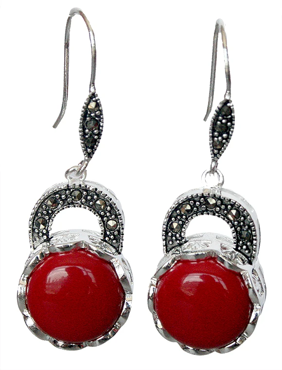 

HOT SELL - noble and elegant 925 Sterling Silver Jewelry Red Coral Marcasite Earrings 14/5" -Top quality free shipping