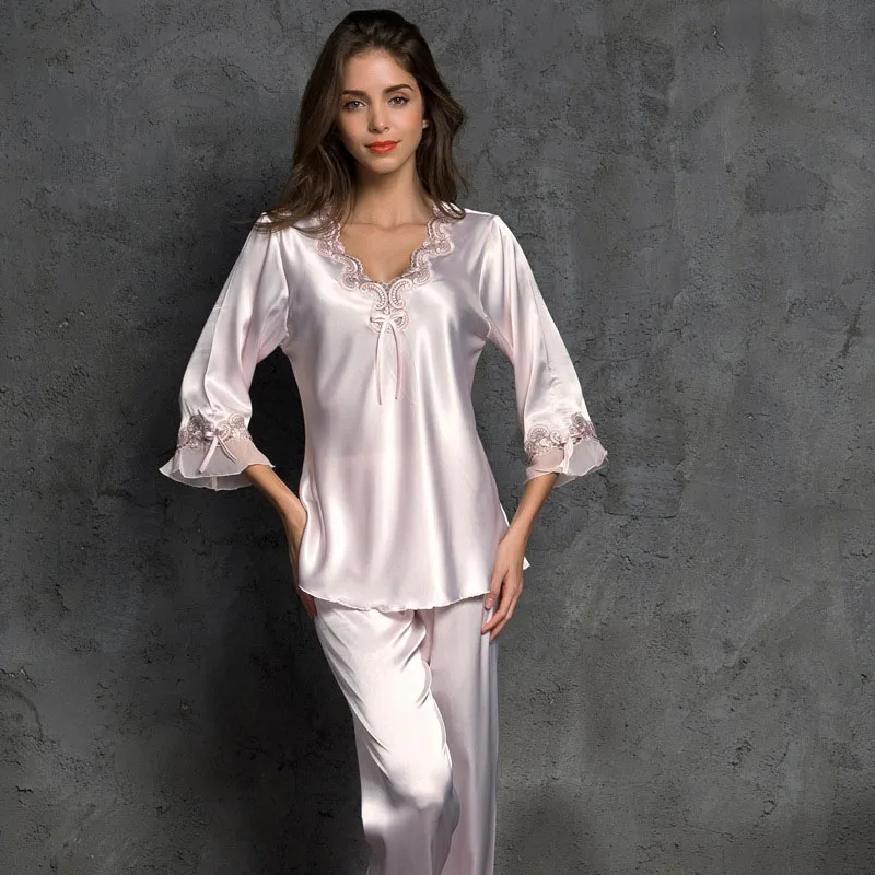 spring and autumn women's pajamas lace V-neck long sleeve clothes+ pants pajamas set satin silk sleepwear female home suit