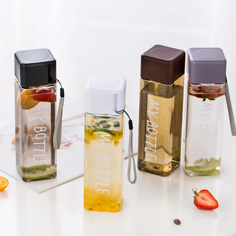 New Square Plastic My bottle 500ml for Water Bottles to drink with Rope Transparent or Frosted Sport Korean style Heat resistant
