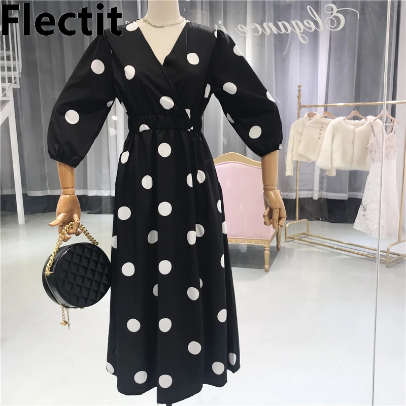 

Flectit Black Polka Dot Wrap Dress with Self Tie Pocket High Waist V-Neck Retro Women French Chic Parisian Style Dress