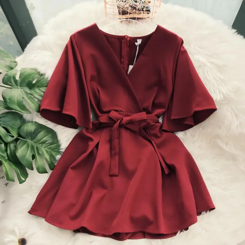 Lady New Fashion Dresses Women Solid Color Elegant V-neck Short Flare Sleeves High Waist Slim Elegant Female Vestidos B903