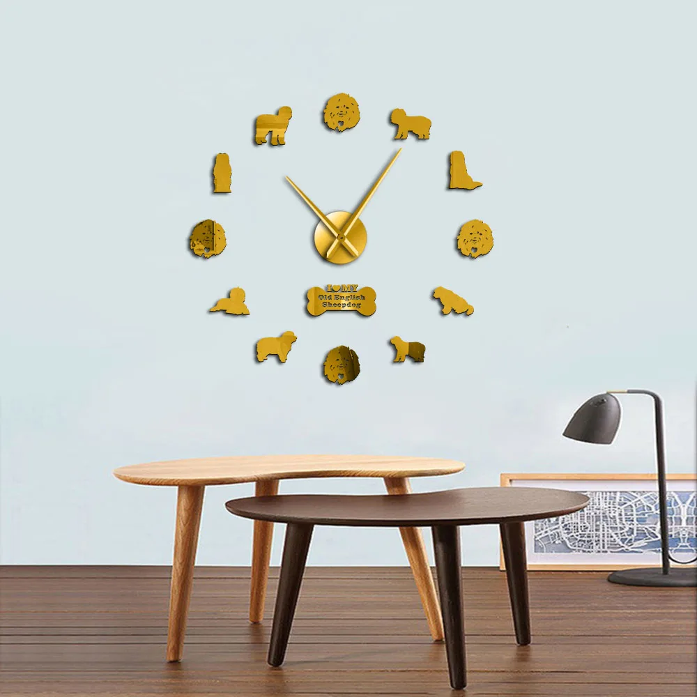 3D Old English Sheepdog Silhouette Autoadesivo Dello Specchio Senza Cornice Fai Da Te Gigante Mute Orologio Da Parete Cucciolo Di Cane Di Razza Comple
