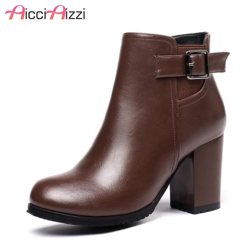 

ZALAVOR Size 32-43 Women Ankle Boots Winter Warm Woman Shoes Metal Buckle Thick Heels Short Boots Fashion Ladies Footwear