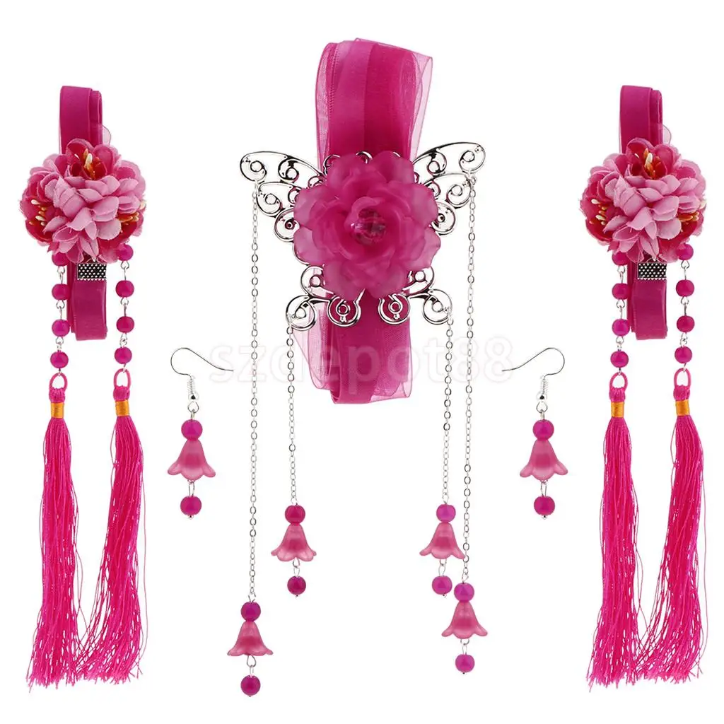 Ribbon Flower Chain Tassel Ancient Chinese Headdress Clip & Beads Dangle Earring Set Bridal Wedding Cosplay Party Hair Jewelry