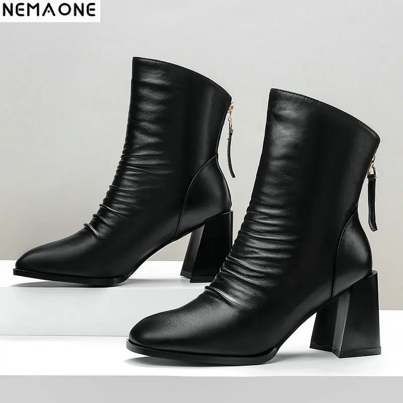 

NEMAONE Women Genuine Leather Autumn Winter Ladies ankle boots Shoes Woman Thick Heeled Office Pumps Female Basic Boots Pumps