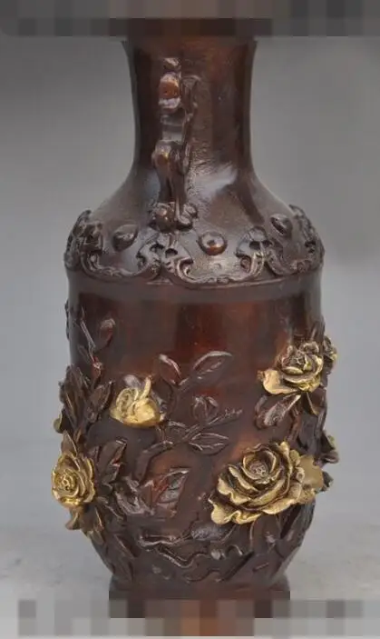 

S06028 9"old Chinese bronze gilt flowers pixiu beast Statue Zun Cup Bottle Pot Vase Jar