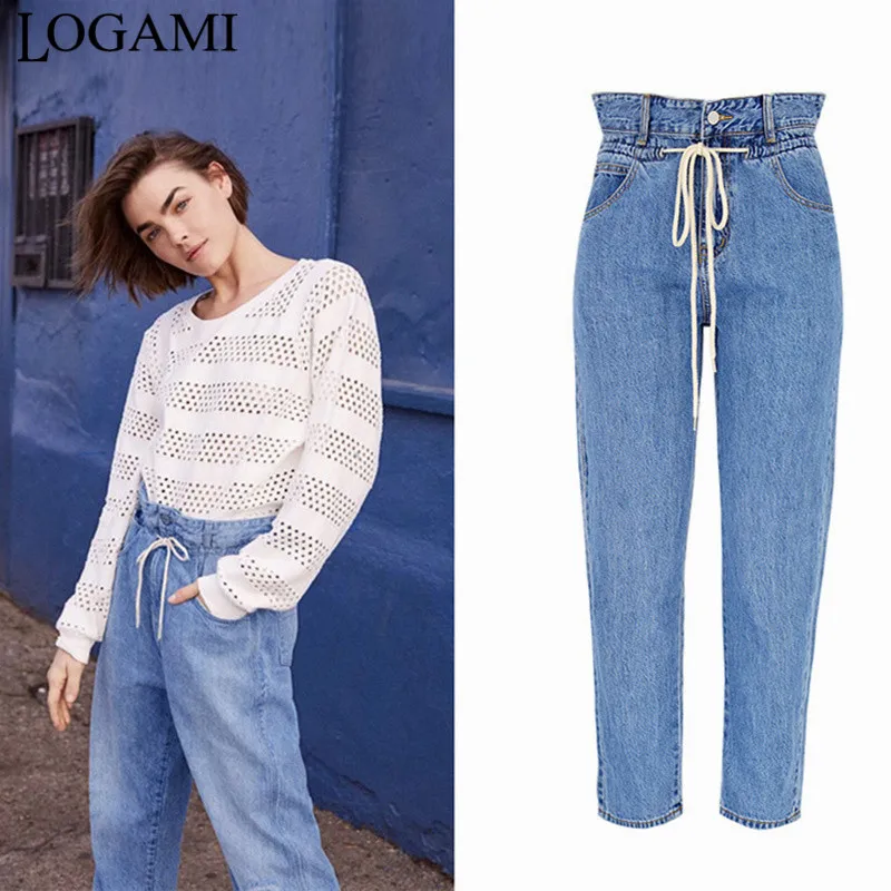 

LOGAMI High Waist Drawstring Straight Jeans Woman Spring Summer Casual Denim Pants Women's Loose Boyfriend Jeans Mujer