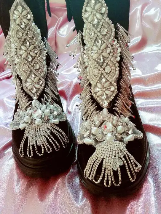 De Lujo Hecho Del Estrella Martin Botas A Mollete Borla Después Pesado Mano Trabajo Grueso Negro Fondo Bandas Moldeado Crystal Gem xtFBx