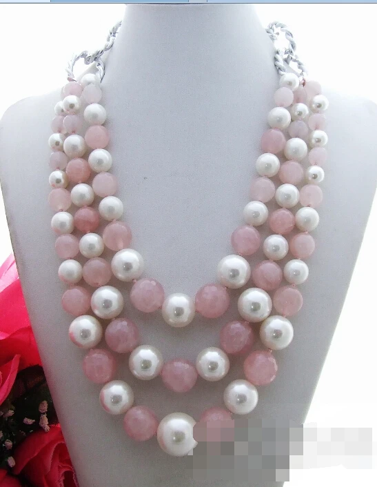 

DJ14 Charming! Excellent! Sea Shell Pearl&Rose Quartz Necklace