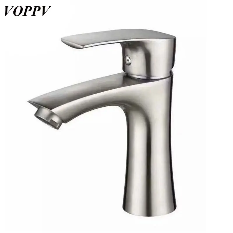 

VOPPV Bathroom Basin Faucet Easy Installlation Brushed Single Hole Stainless Steel Faucet House Concise Style Bath Basin Faucet