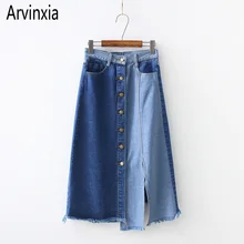 Arvinxia Повседневное лоскутные кнопки Декор Женщина Джинсовые юбки Разделение карманных Для женщин плавки сексуальные Ленточки Высокая талия женские юбки
