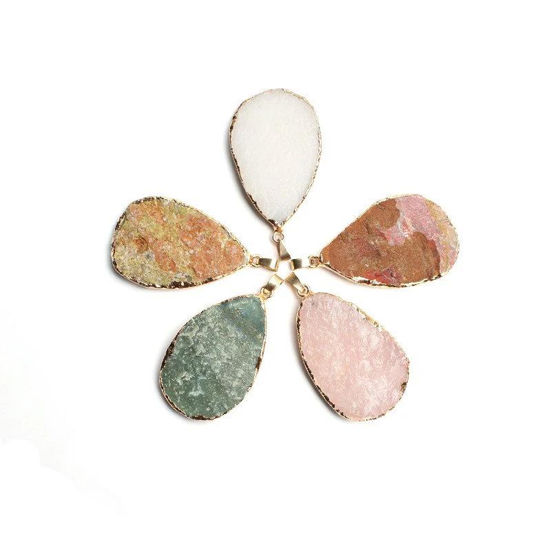 

Natural Rough Stone Necklace Pendant 32*50mm Water Drop Pendant Rose Quartz White Agate Red Jasper Stone Charms Jewelry