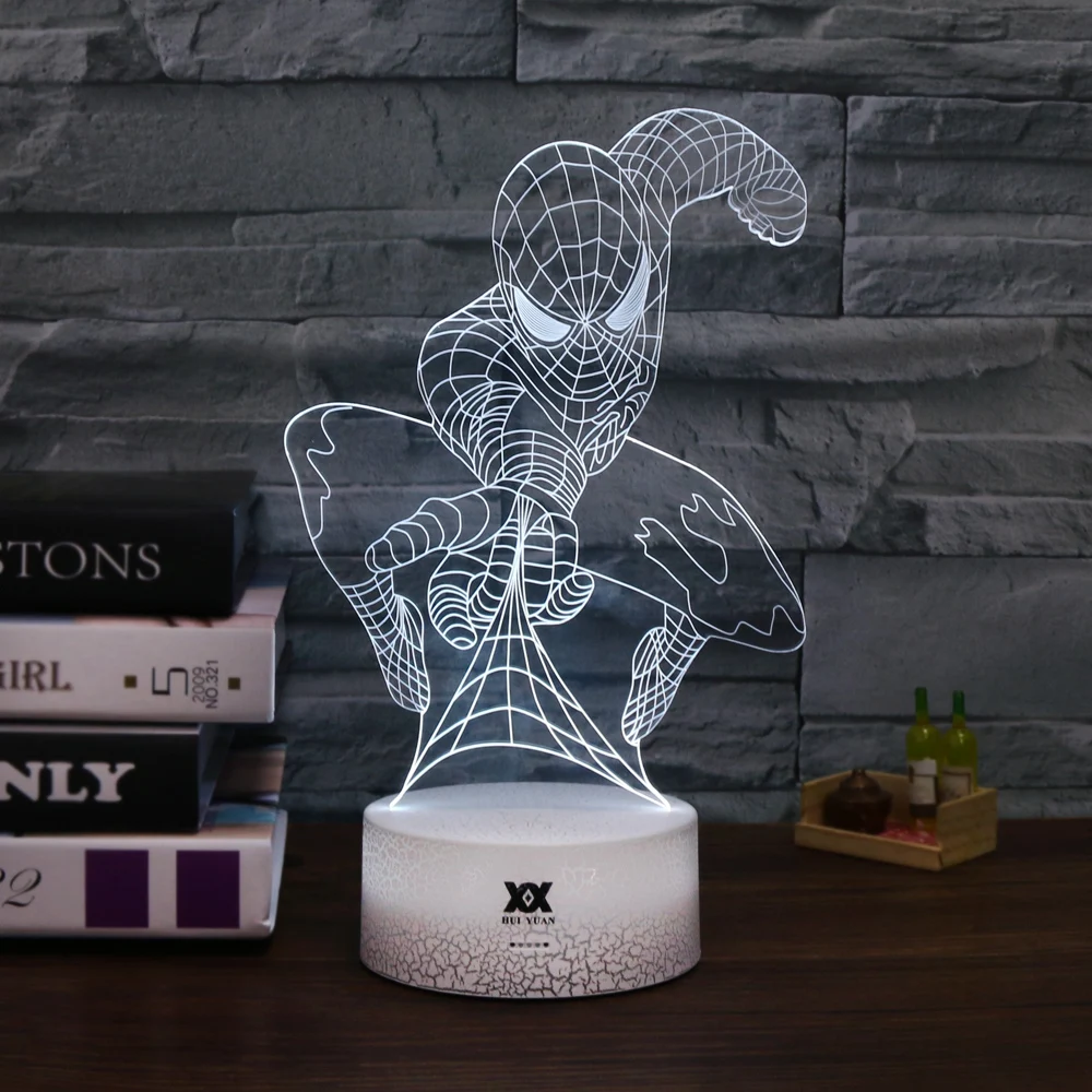 Новый Человек-паук 3D лампа светодиодный 7 цветов трещины блеск база креативный ночник USB мультфильм декоративная настольная лампа