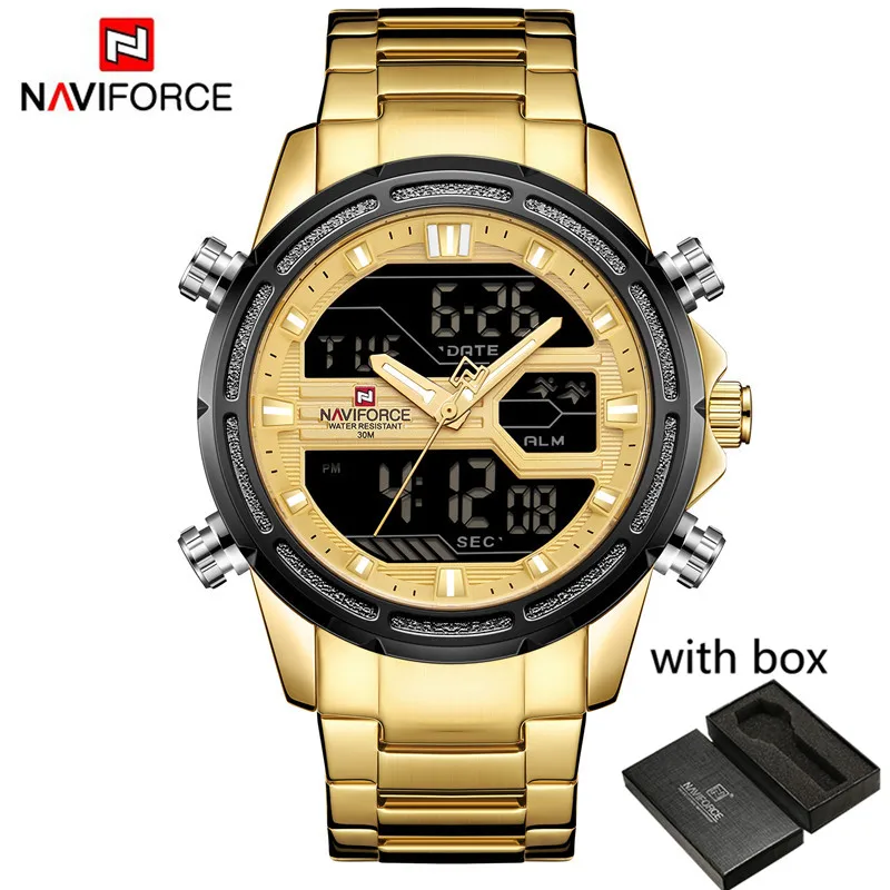 NAVIFORCE часы Мужские лучший бренд класса люкс нержавеющая сталь спортивные водонепроницаемые мужские часы Цифровые кварцевые военные мужские наручные часы 9138 - Цвет: NA913802 with box