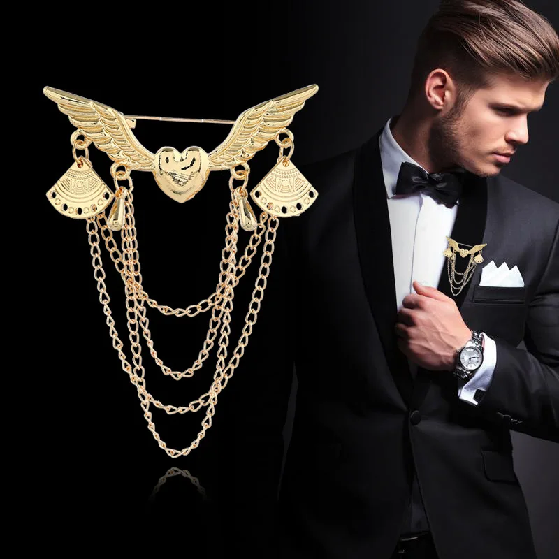 

Metal Heart Wings Gold Brooches Vintage Tassel Multi-layer Chain Collar Lapel Pin Suit Brooch Pins Buckle Women Men Accessories