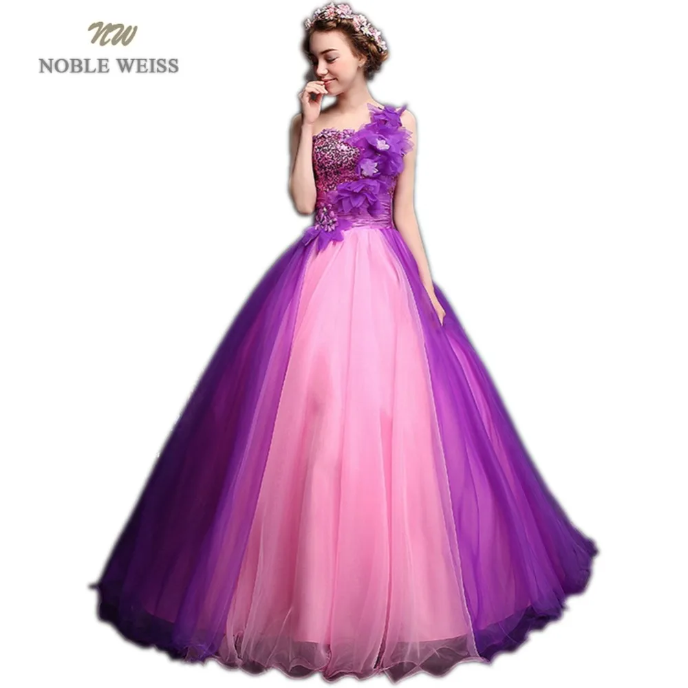 

NOBLE WEISS Sexy Purple And Pink Prom Dresses Flower Sequined Robe De Soiree Ball Gown Organza One Shoulder Prom Dress