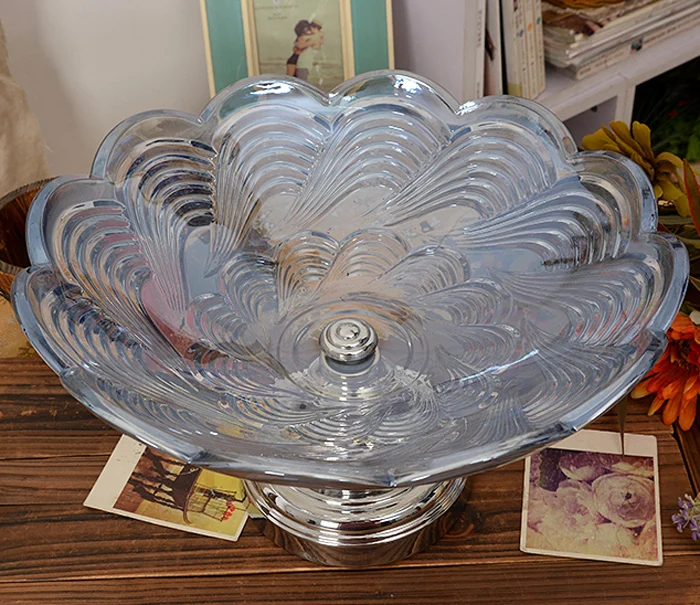 Glass Fruit Bowl with Metal Silvery Pedestal Fruit Display Holder