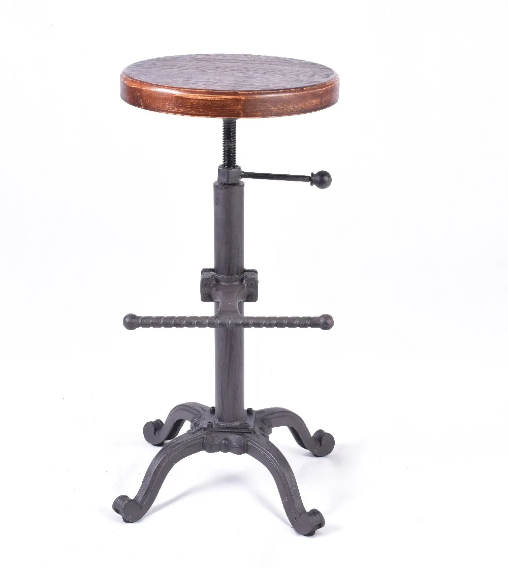 Retro Industrial Cast Iron Bar Stool with Wooden Seat 