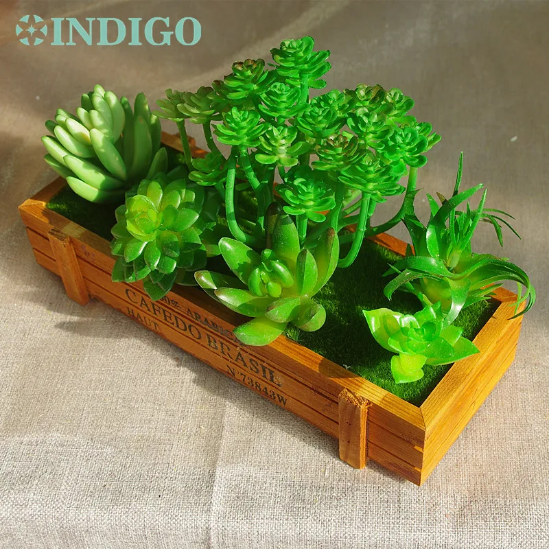 

INDIGO- Green Aloe Artificial Succulent Plant (6pcs Succulent +1 Wood Tray)/Set Bonsai Table Decoration Plant Free Shipping