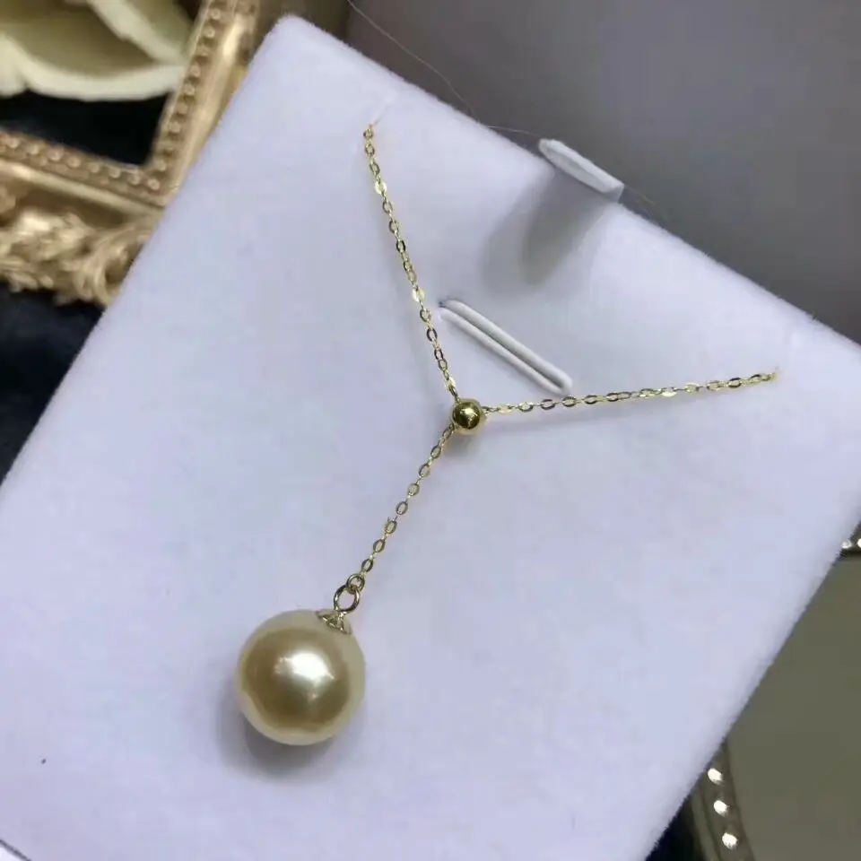 

gorgeous 10-11mm freshwater round gold pearl necklace pendant adjustable 925silver