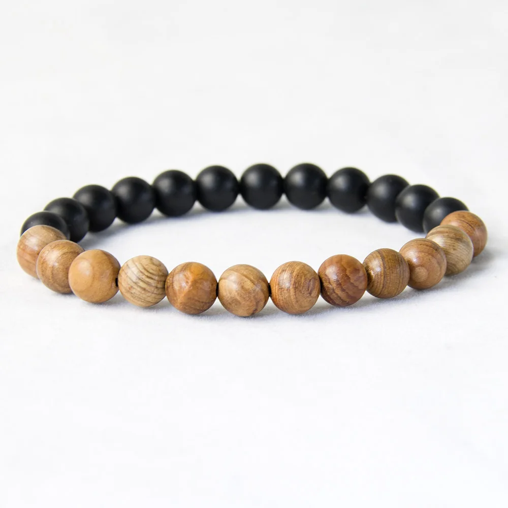 New Men Natural Wood Beads Bracelets Black Matte Onyx Meditation Prayer Bead Bracelet Women Wooden Jewelry,Yoga Jewelry
