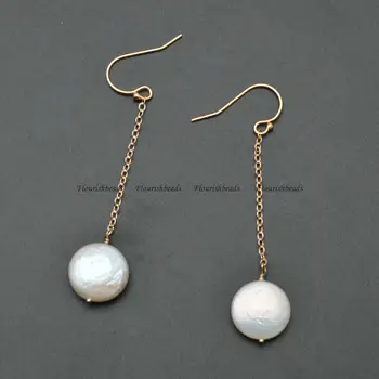 

White Natural Pearl Coin Beads Long Chains Drop Earrings Fashion Party Jewelry