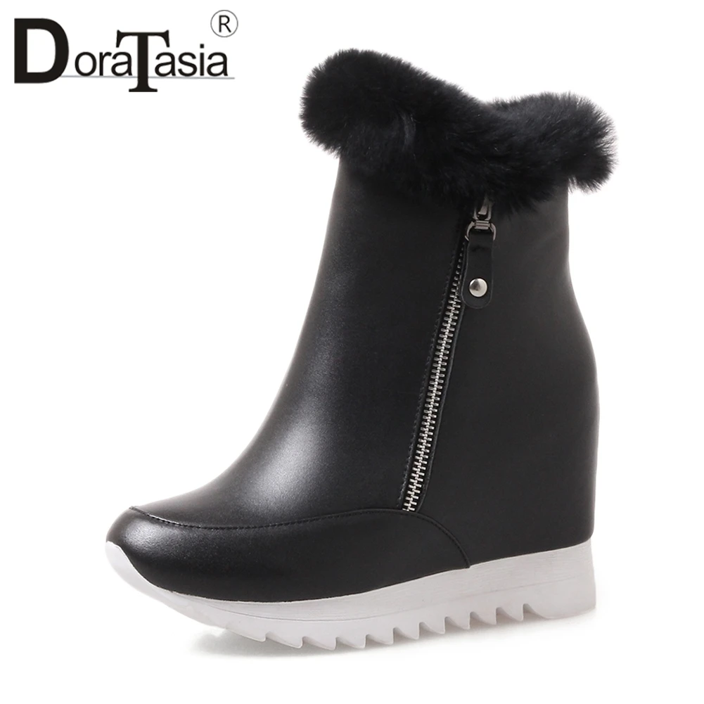 

DORATASIA Solid Black Quality Genuine Leather Ankle Booties Women 2019 Winter Warm Platform Shoes Woman Height Increasing 32-40