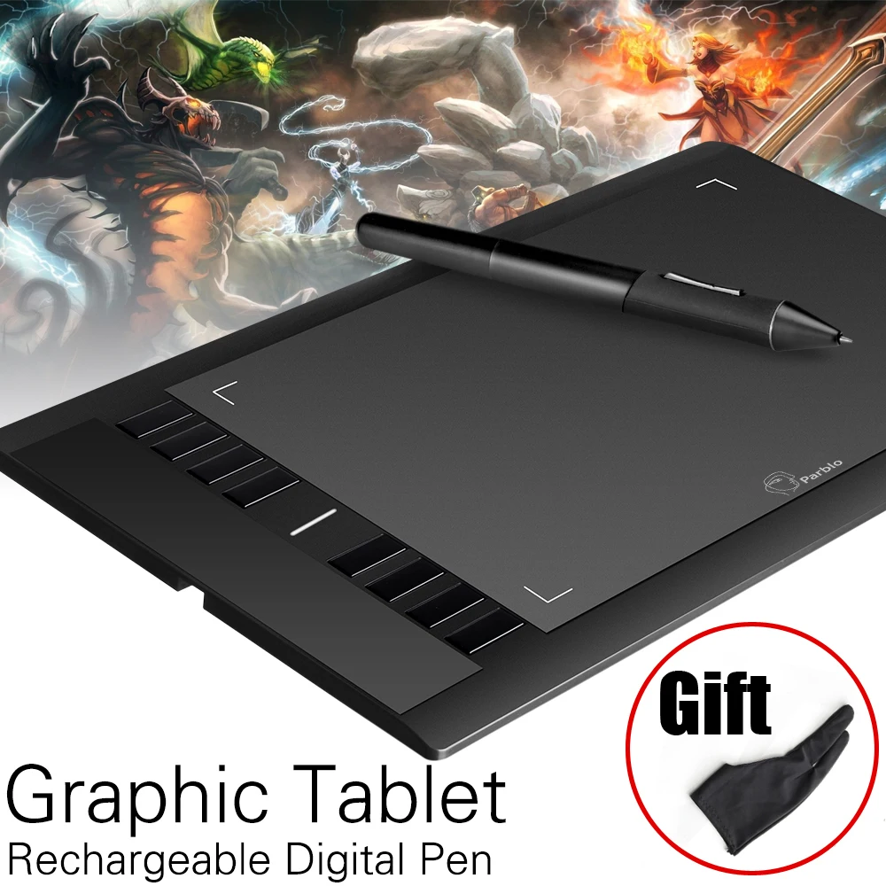 Parblo A610 Art Digital Graphics Drawing Painting Board w Rechargeable Pen Tablet 10x6 5080LPI with Glove