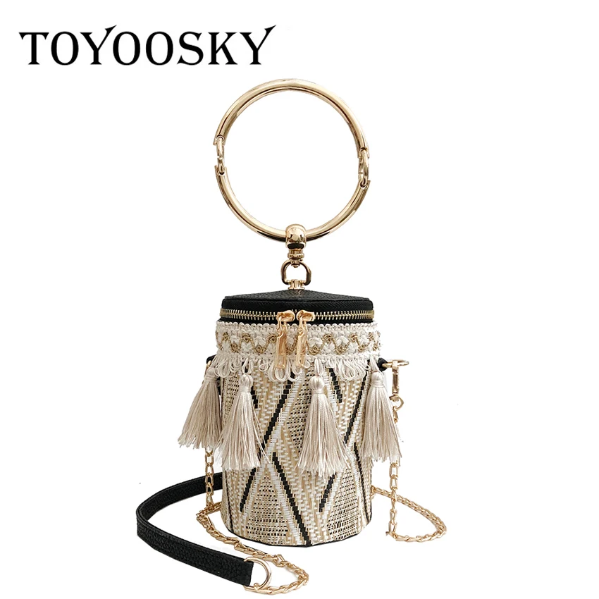 TOYOOSKY اليابان نمط دلو أسطواني حقائب قش برميل على شكل المنسوجة النساء Crossbody أكياس مقبض معدني حقيبة كتف حقيبة