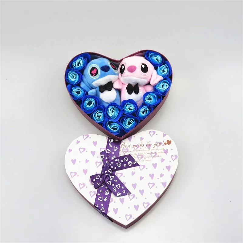 

hand made low price high quanlity pink and blue stitch plush toys with soap flowers stitch bouquet creative Valentine's gifts