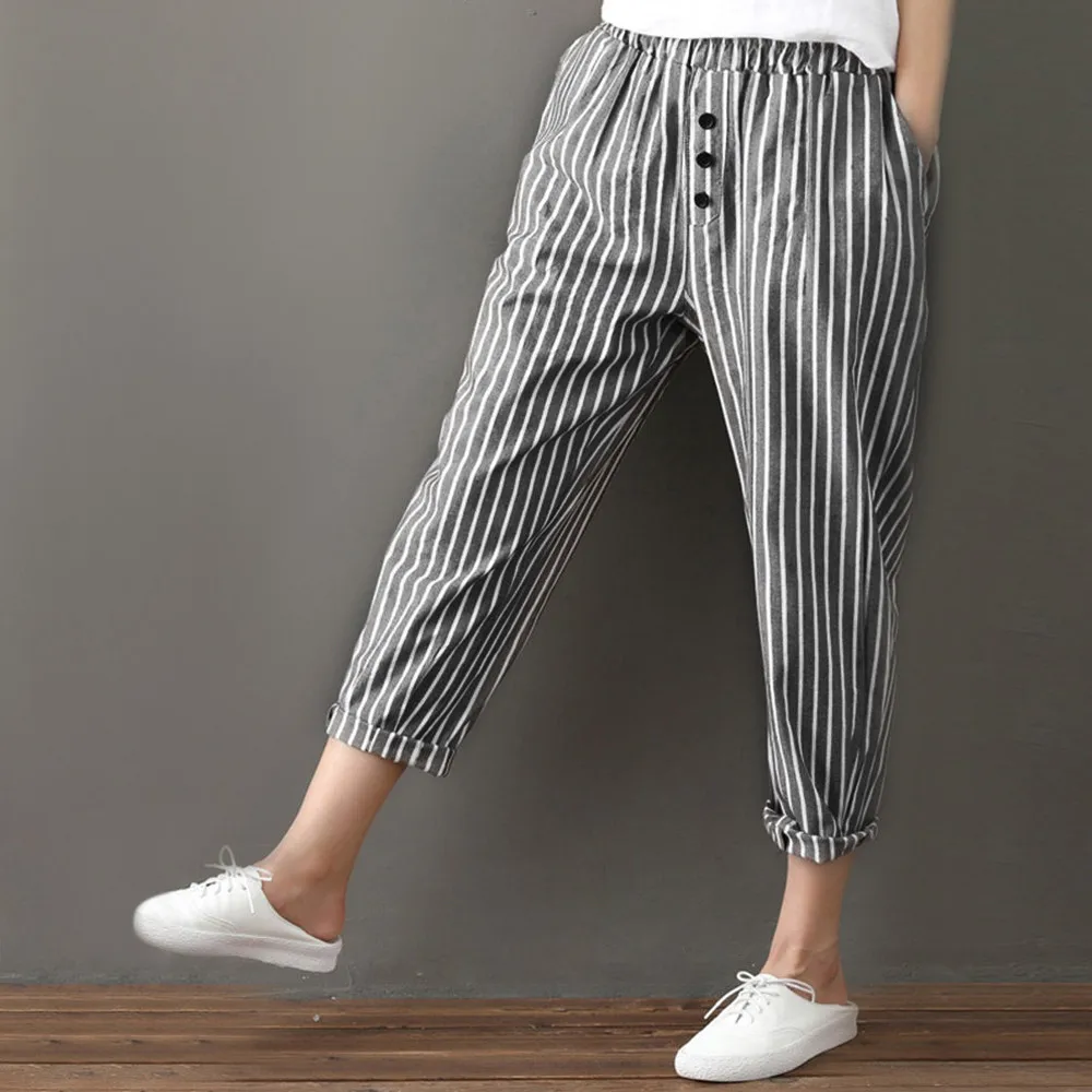 

Women Casual Pants Stripe Elastic Mid Waist Pockets Button Lady PANTS Long Loose casual bandage striped Polyester 9.7