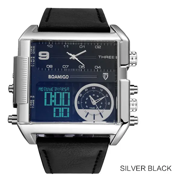 Мужские крупные военные наручные часы BOAMIGO, черного цвета, кварцевые, спортивные, с кожаным ремешком, с 3 часовыми поясами и светодиодным дисплеем - Цвет: new silver black