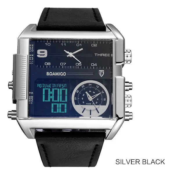 new silver black Мужские крупные военные наручные часы BOAMIGO, черного цвета, кварцевые, спортивные, с кожаным ремешком, с 3 часовыми поясами и светодиодным дисплеем - Цвет: new silver black
