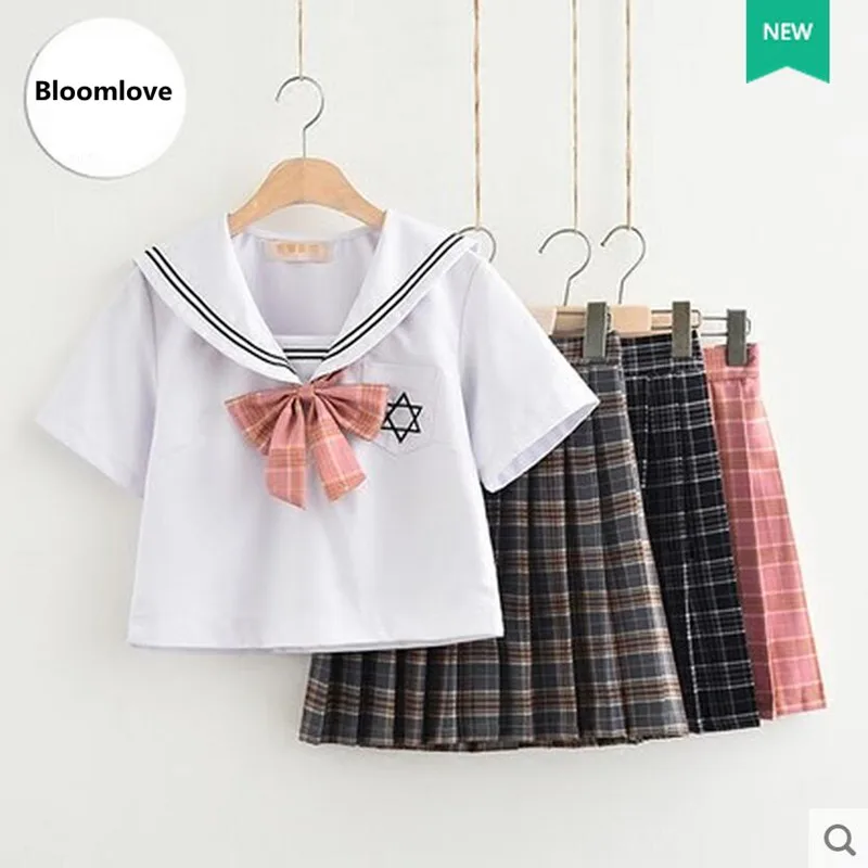 High End Japanese adult School Uniform Soft Cotton Shirt+Plaid Skirt Sailor Uniform OY X0704in